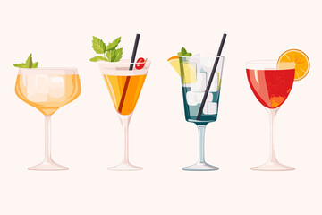 Set of Tropical Cocktails in Flat Style for Menu, Cocktail Cards. Margarita, Tom Collins, Pina Colada, Cosmopolitan, Mai Tai, Sea Breeze, Tequila Sunrise. Vector Isolated on White Background