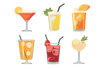 Set of Tropical Cocktails in Flat Style for Menu, Cocktail Cards. Margarita, Tom Collins, Pina Colada, Cosmopolitan, Mai Tai, Sea Breeze, Tequila Sunrise. Vector Isolated on White Background
