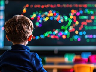 Child focused on colorful screen display, engaged in educational activity, showcasing vibrant learning environment in modern classroom.