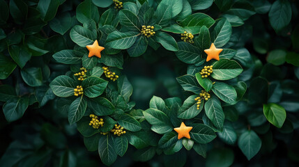 Green Foliage Wreath,  A vibrant green wreath made of leaves and stars, representing nature's beauty and harmony, perfect for environmental celebrations
