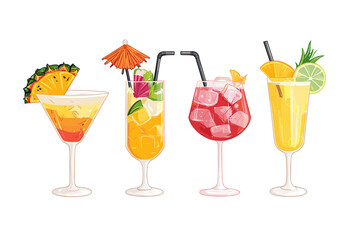 Set of Tropical Cocktails in Flat Style for Menu, Cocktail Cards. Margarita, Tom Collins, Pina Colada, Cosmopolitan, Mai Tai, Sea Breeze, Tequila Sunrise. Vector Isolated on White Background