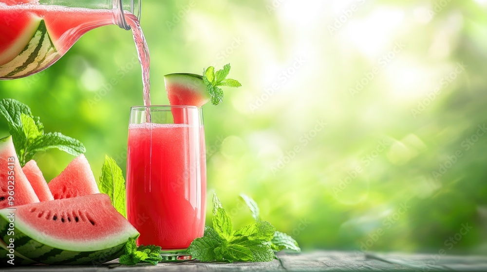 Sticker Refreshing watermelon juice served with mint leaves in a vibrant, natural setting.