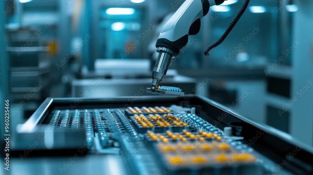 Poster robotic arm assembling components in a factory setting.
