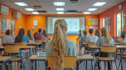 A modern classroom in which students actively participate in learning using digital tablets and interactive whiteboards