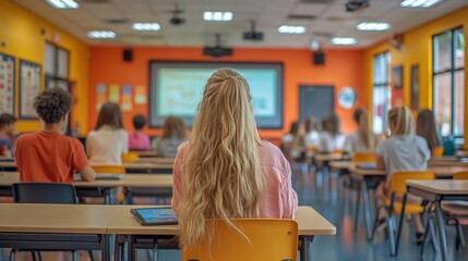 A modern classroom in which students actively participate in learning using digital tablets and interactive whiteboards