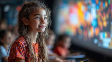A modern classroom in which students actively participate in learning using digital tablets and interactive whiteboards