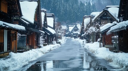Fototapeta premium A quiet street in Shirakawa-go, lined with traditional houses and snow-covered roofs in winter.
