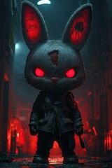 Digital art of a glowing-eyed black rabbit character with red ears and a weapon in a dark alley