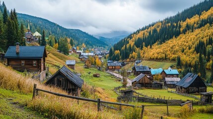 A remote Russian village nestled in a valley with traditional wooden houses.
