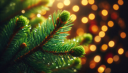 A pine tree branch with droplets of water showcasing vibrant green needles. The background features soft blurred bokeh lights in warm tones a festive atmosphere