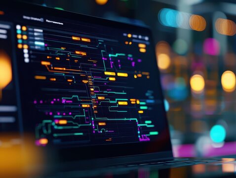 Close-up of a computer screen displaying colorful, dynamic programming code in a modern, illuminated tech environment.