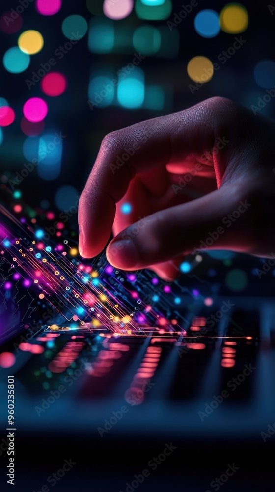 Aufkleber Close-up of a hand interacting with vibrant digital interface, representing technology, innovation, and future advancements.