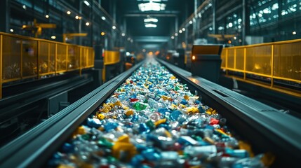 Simple AI-driven conveyor belt sorting recyclables, minimal industrial setting with large copy space surrounding, copy space for stock photo with minimal concept, No logo, No Trademark, No text