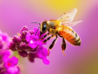 Close-up of a honeybee collecting nectar from vibrant purple flowers against a bright, blurred background.