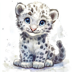 Beautiful Snow Leopard Watercolor Clipart, Wild Animal Colored Design for Your Corporate and Business Graphic Resource or Creative Project, Ai Generative