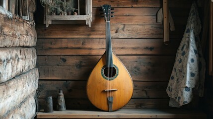 A Russian balalaika resting against a rustic wooden wall in a cozy home setting.