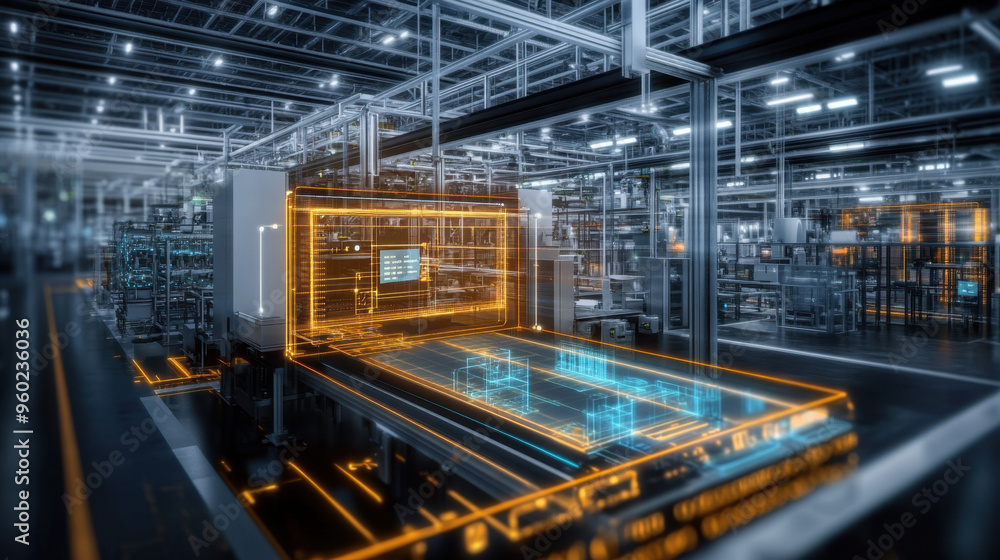 Poster lean manufacturing, a 3d visualization of a lean manufacturing process featuring efficiency indicato