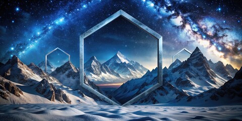 -rendered snow-capped mountains under a starry sky with surreal square portals, mountains, snow-capped