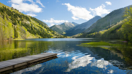 Obraz premium A wallpaper with a serene landscape of a lake surrounded by lush green mountains and trees. The sky is clear with a few clouds. There is a wooden dock extending into the lake. 