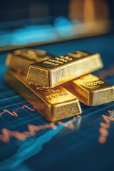 Wealth Management,  Gold bars alongside stock market charts represent the growth and management of personal investments, highlighting financial prosperity