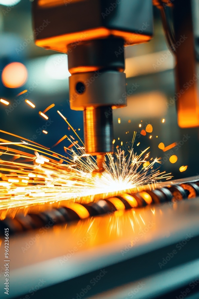 Aufkleber close-up of industrial cnc machine cutting metal with bright sparks flying in a factory setting.
