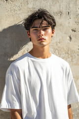 Obraz premium Oversized tshirt mockup, Male model wearing wearing a white oversized tshirt, bright cement wall background