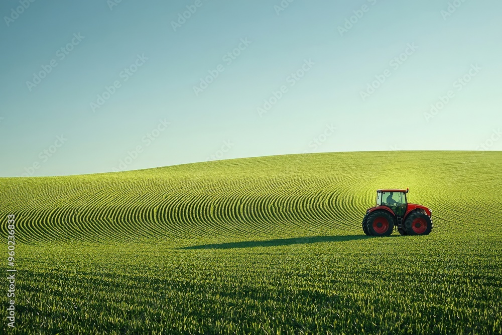 Wall mural minimal ai-driven tractor in a clean field, soft morning light, abundant empty space for text or des
