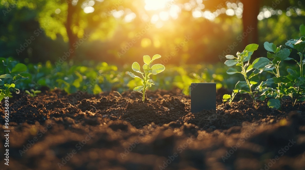 Poster simple ai-powered soil sensor in the ground, minimal scene with soft light, large copy space around,