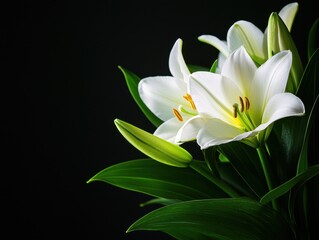 Fototapeta premium Close-up of white lilies with dark background, highlighting delicate petals and green leaves in a serene composition, perfect for decor and art.
