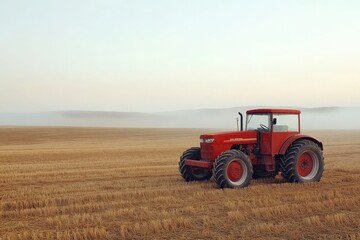 Fototapeta premium Minimal AI-driven tractor in a clean field, soft morning light, abundant empty space for text or design, copy space for stock photo with minimal concept, No logo, No Trademark, No text