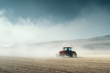 Naklejka premium Minimal AI-driven tractor in a clean field, soft morning light, abundant empty space for text or design, copy space for stock photo with minimal concept, No logo, No Trademark, No text