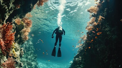A scuba diver exploring the depths of the Great Blue Hole, with vibrant marine life visible in the clear waters.