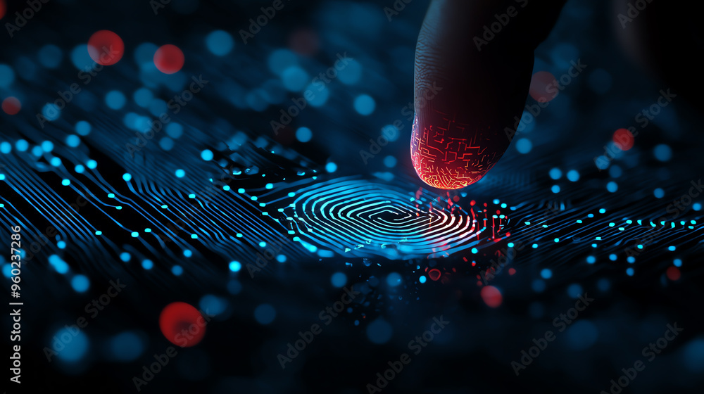 Poster a close-up of a finger touching a vibrant digital interface with glowing patterns, symbolizing techn