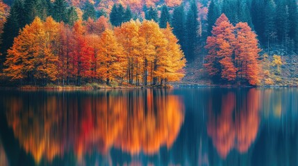 Fototapeta premium A serene autumn landscape with colorful trees reflected in a calm lake.
