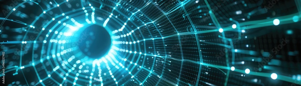 Poster abstract representation of a digital tunnel with luminous particles and vibrant lines, showcasing th