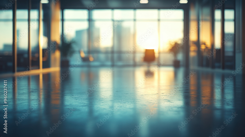 Poster office interior, a blurred view of an empty office space with soft light effects, creating a calm an