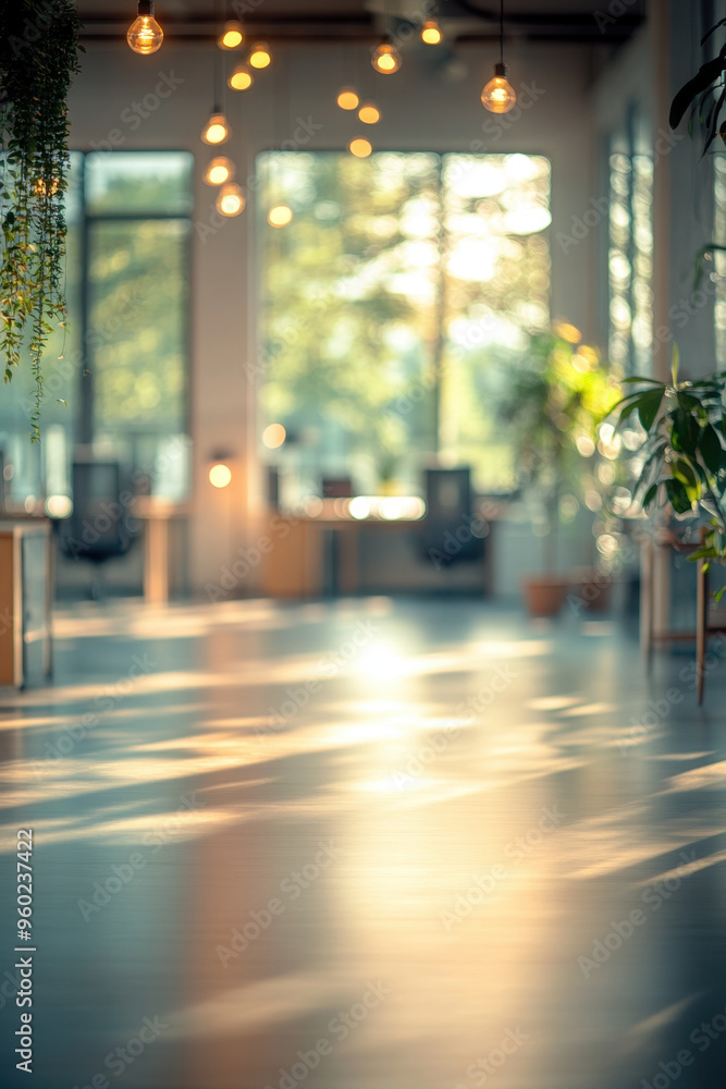 Poster office interior, a blurred view of an empty office space with soft light effects, creating a calm an