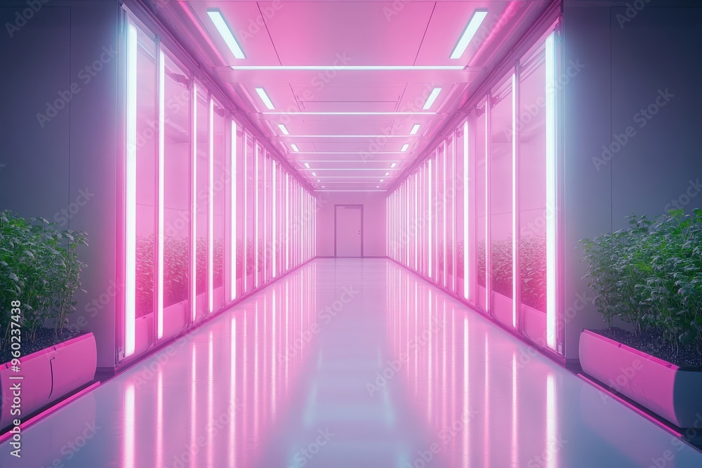 Wall mural minimal ai-controlled vertical farming setup indoors, soft natural light, large empty space for text