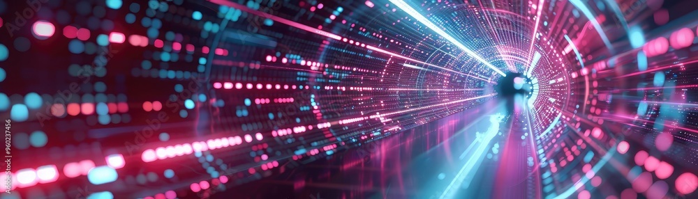 Poster a vibrant abstract tunnel of light, featuring bright neon colors and dynamic patterns, symbolizing t