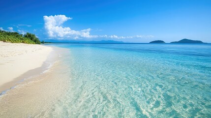 Fototapeta premium A serene beach with crystal-clear waters, white sand, and a distant island on the horizon.