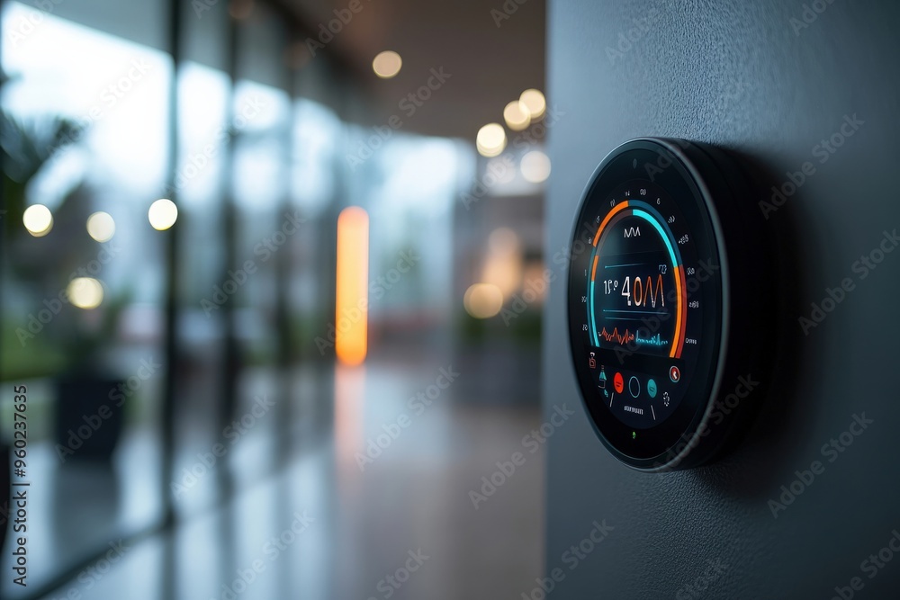Wall mural minimal ai-powered smart meter displaying energy usage, soft natural light, ample copy space around 