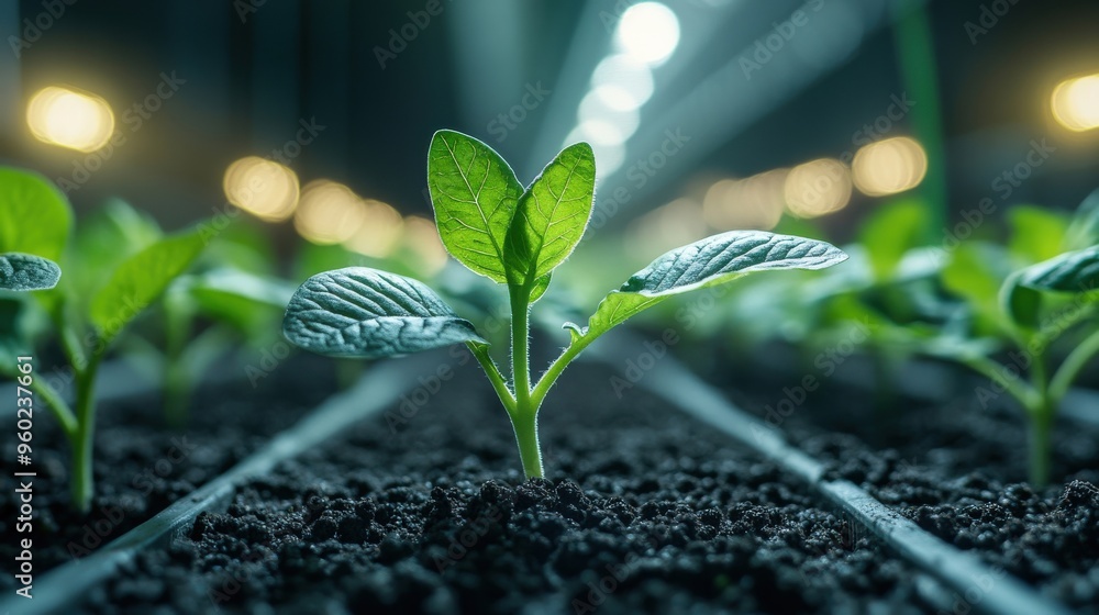 Wall mural single ai-driven sensor monitoring plant growth, minimalistic scene with soft light and ample copy s