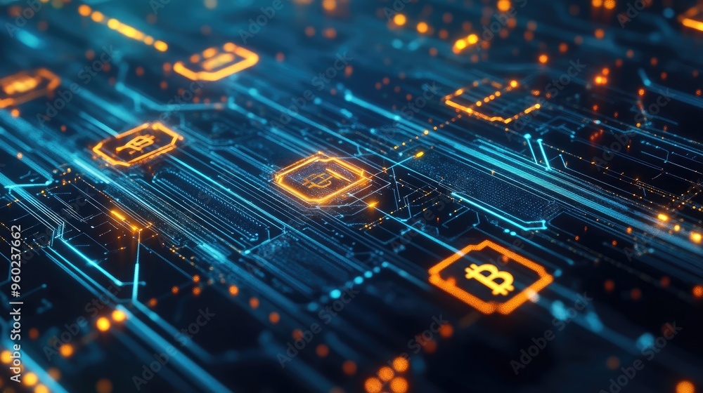 Poster a visual representation of blockchain technology with bitcoin symbols, showcasing the technical aspe