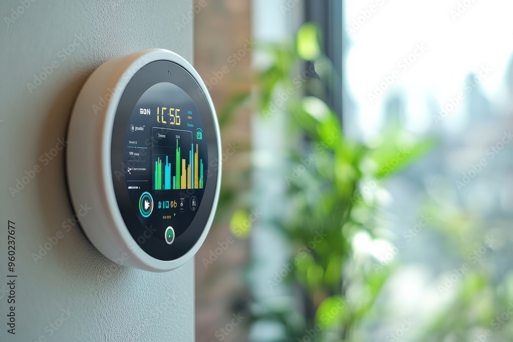 Wall mural minimal ai-powered smart meter displaying energy usage, soft natural light, ample copy space around 