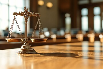 Golden Scales of Justice on a Wooden Table