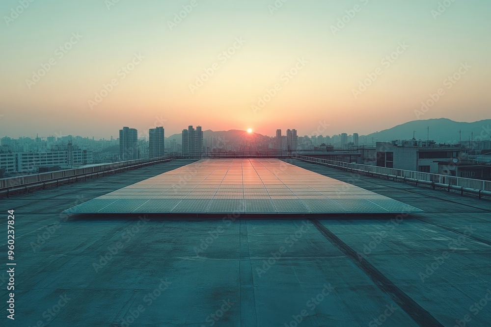 Wall mural minimal ai-driven solar panel array on a rooftop, soft morning light, abundant empty space for text 