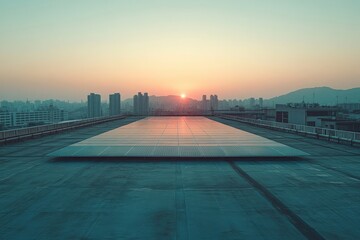 Fototapeta premium Minimal AI-driven solar panel array on a rooftop, soft morning light, abundant empty space for text or design, copy space for stock photo with minimal concept, No logo, No Trademark, No text