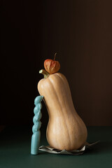 Butternut squash with physalis and candle standing on kraft paper on dark background. Minimalist...