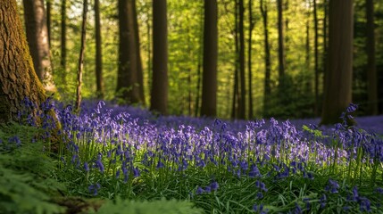 A serene forest with a carpet of bluebells in full bloom.