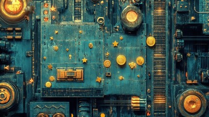 Fototapeta premium A vintage arcade game level map interface with an underground factory theme, featuring obstacles, steel platforms, collectible coins, and golden stars, designed for an immersive console or computer ga